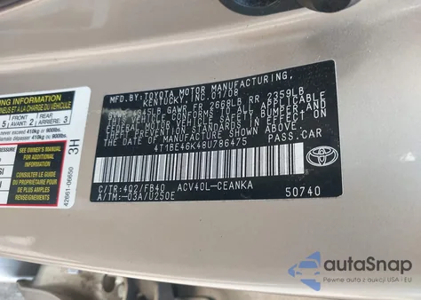 2008 Toyota Camry Le from USA, damaged, VIN 4T1BE46K48U786475